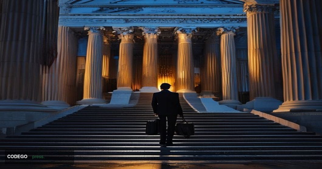 A cinematic editorial photograph showing the imposing neoclassical facade of the U.S. Treasury Building in Washington D.C., w