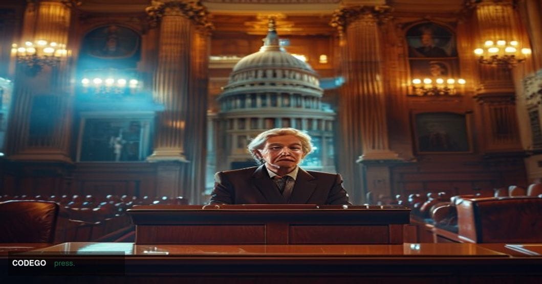 A dramatic photorealistic editorial photograph capturing Senator Elizabeth Warren in the U.S. Capitol, specifically in a Sena