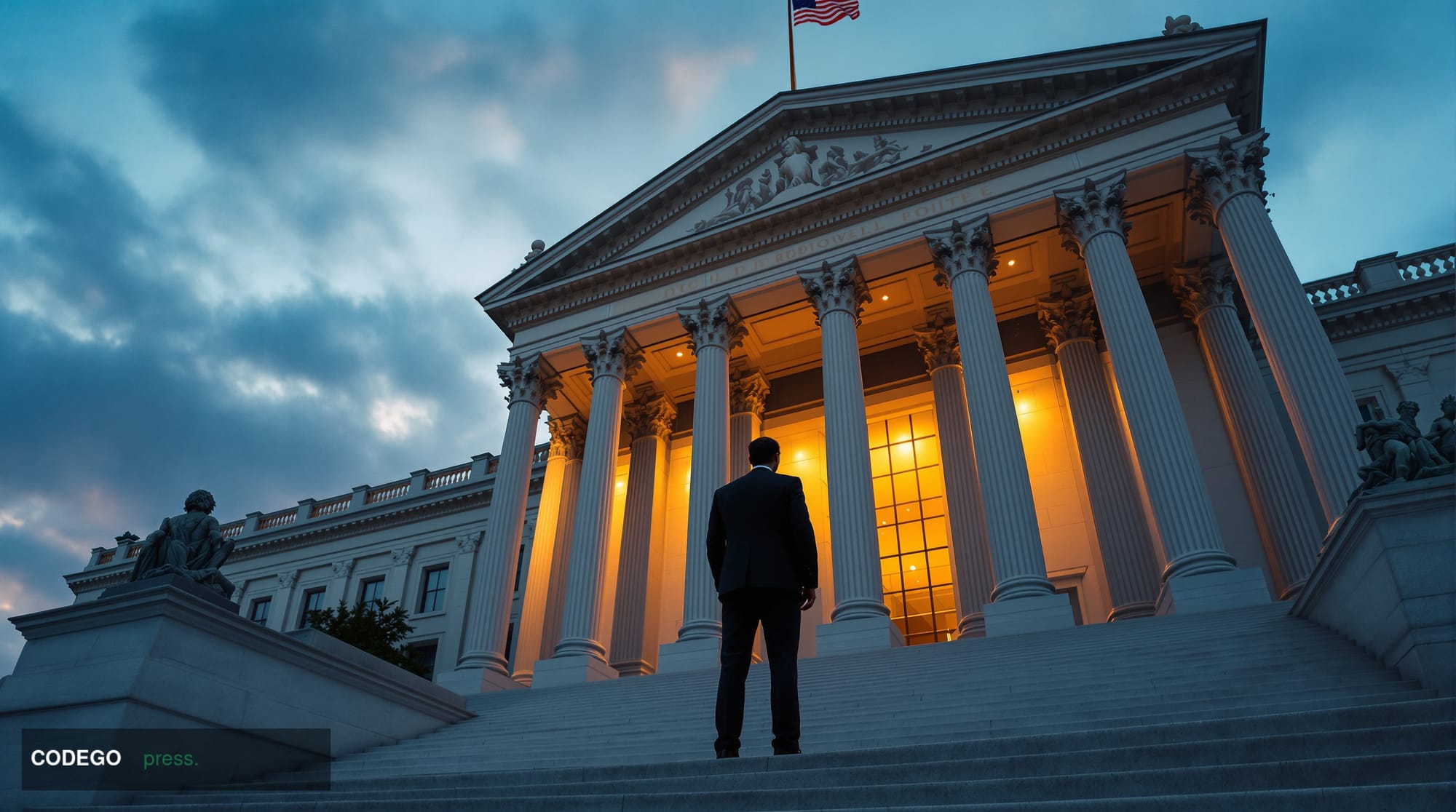 A cinematic editorial photograph capturing the tension between regulatory oversight and Big Tech innovation in digital financ