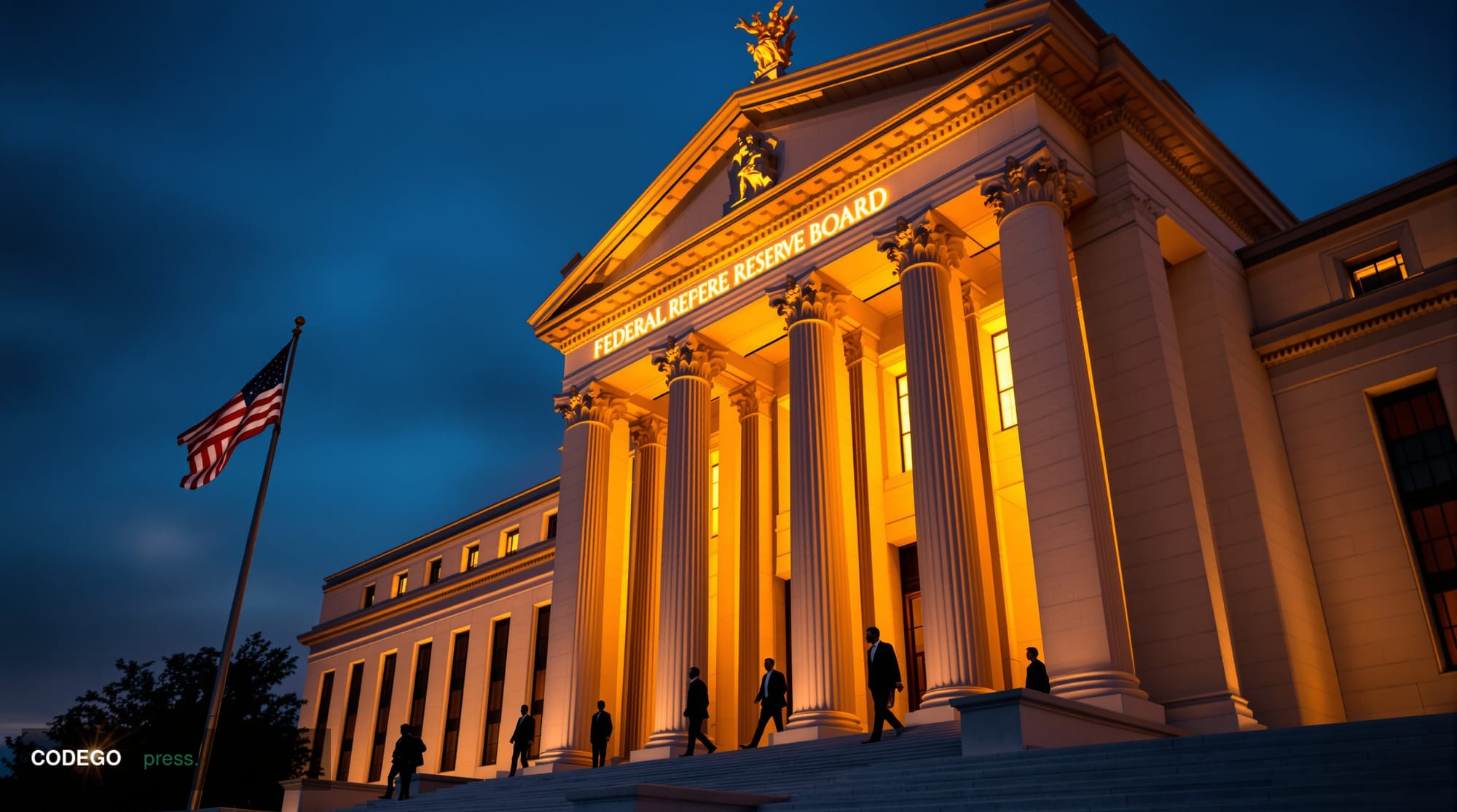 A dramatic editorial photograph of the Federal Reserve Board building in Washington D.C., captured during golden hour with wa
