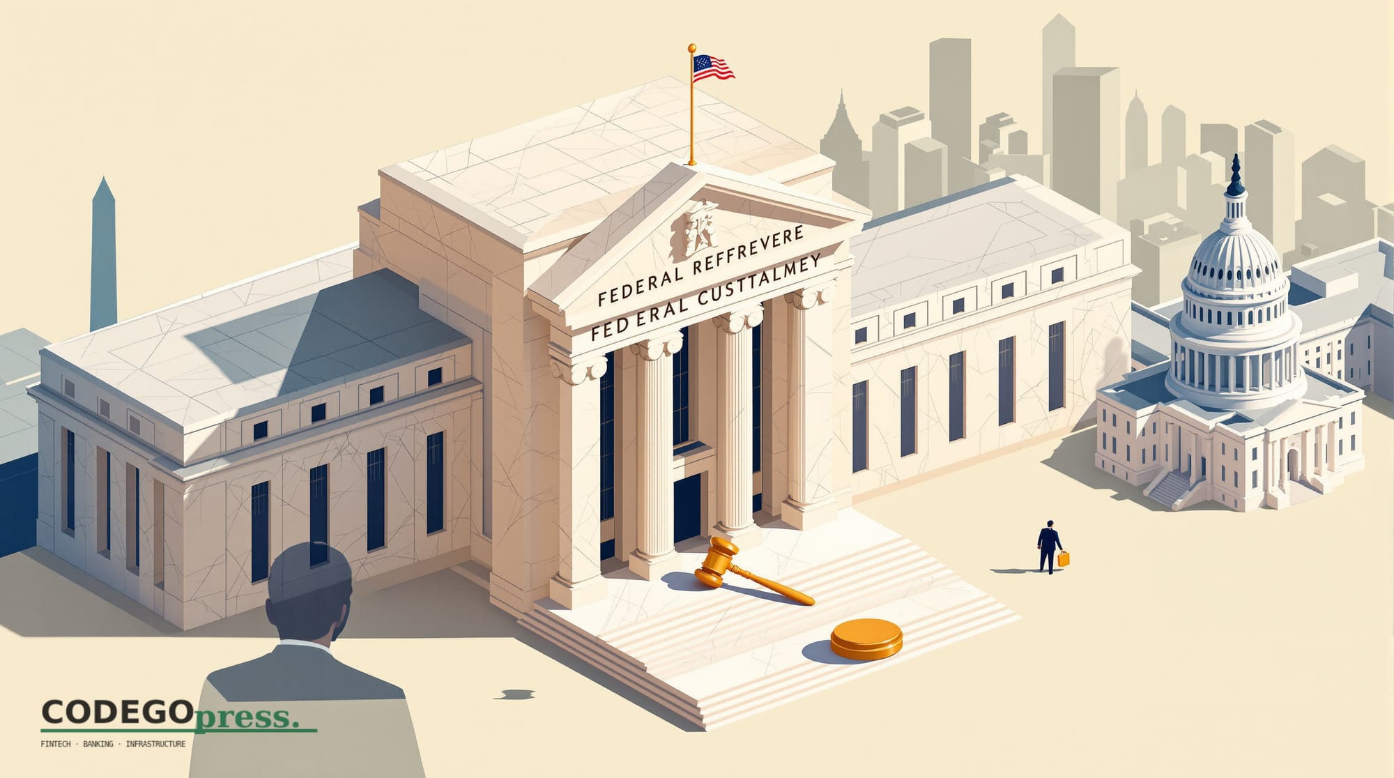 Large marble-columned Federal Reserve building façade in cream and navy in centre, with an ornate oak gavel across it in gold