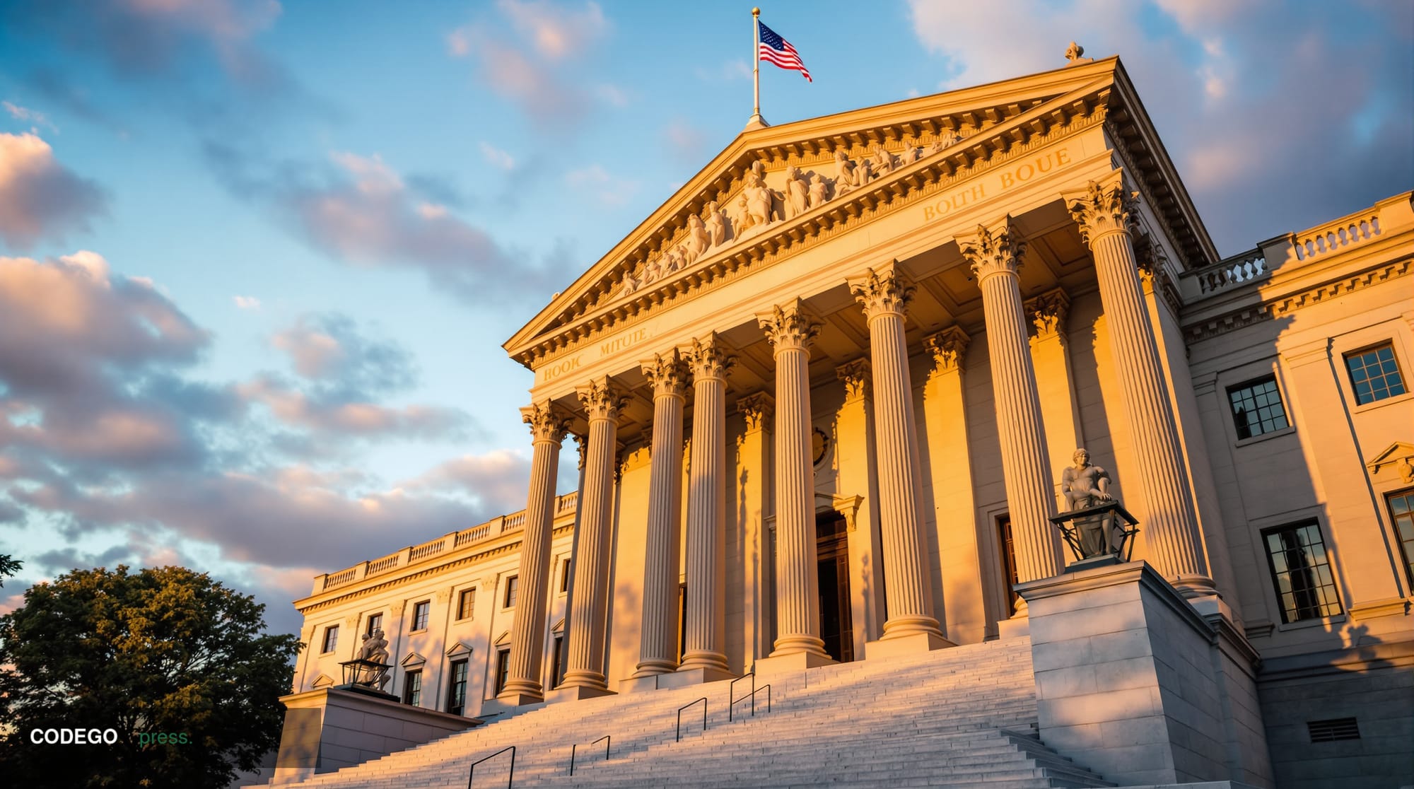 A dramatic editorial photograph of the Federal Reserve's imposing Marriner S. Eccles Building in Washington DC, captured duri