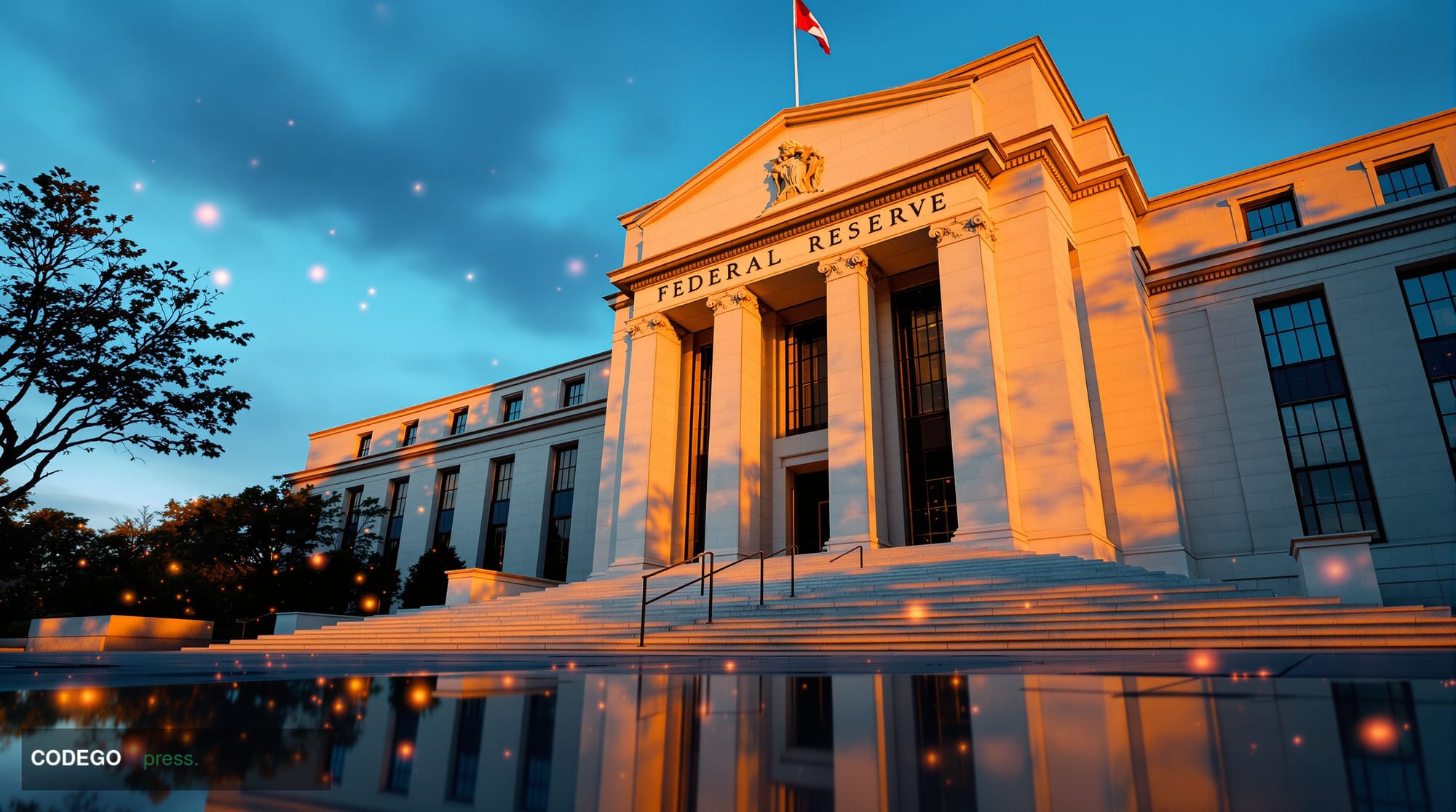 A dramatic editorial photograph of the Federal Reserve building facade in Washington D.C., shot during golden hour with warm 