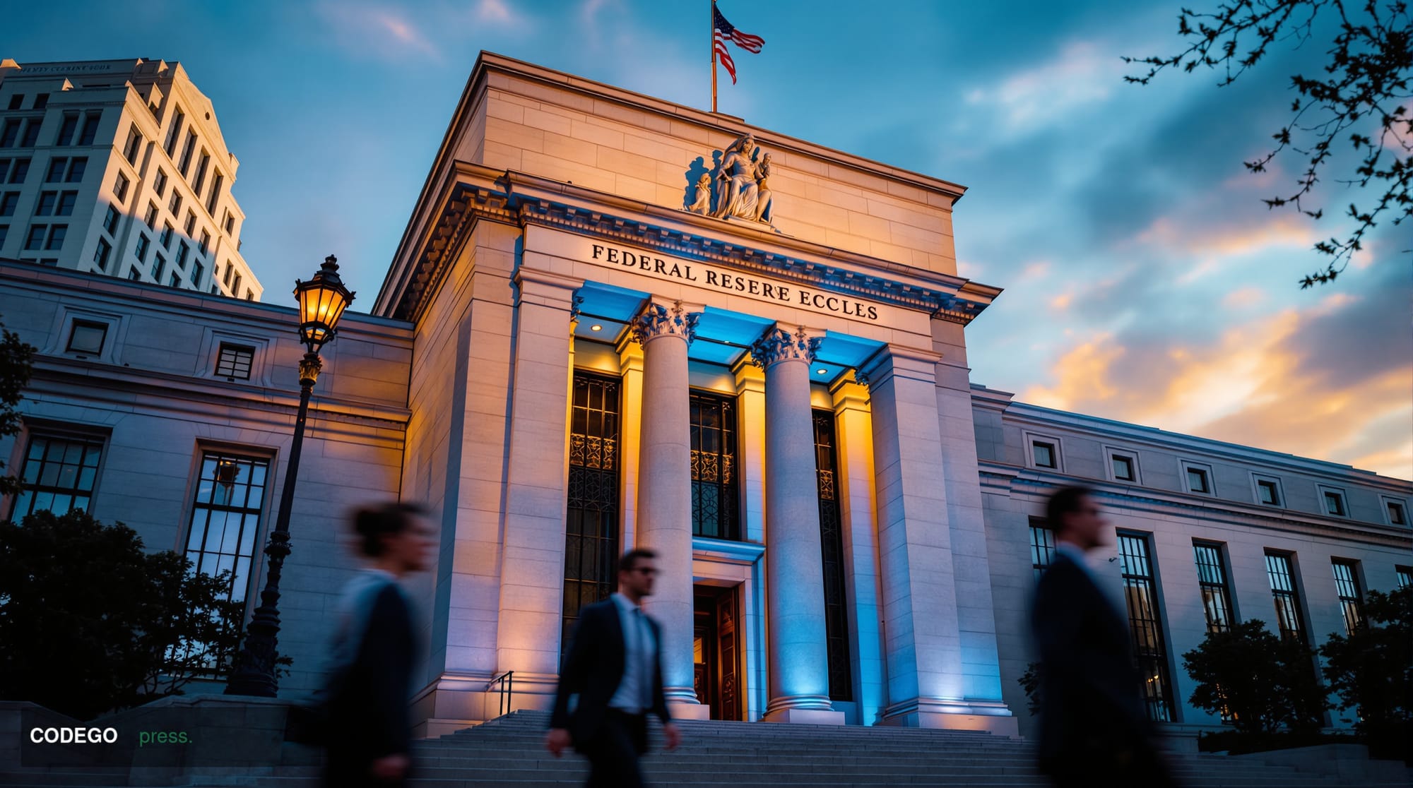 A dramatic editorial photograph of the Federal Reserve headquarters building in Washington DC, shot from a low angle to empha