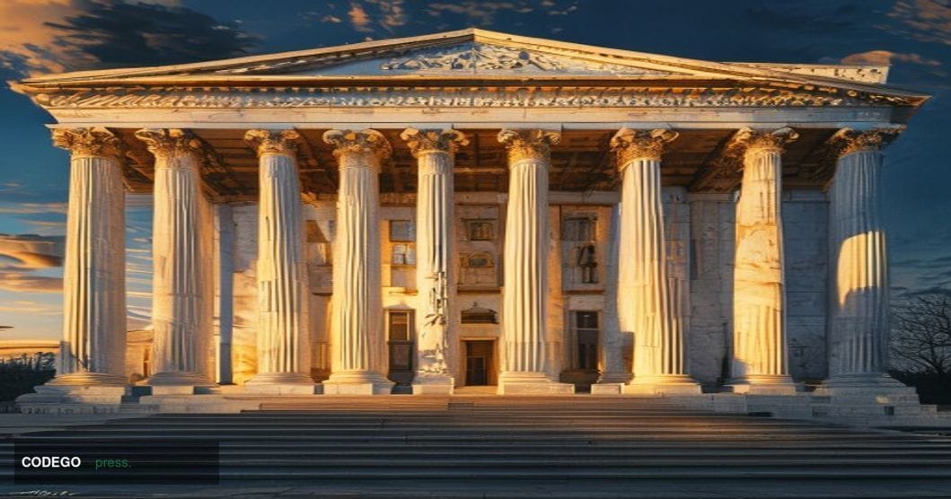 A dramatic photorealistic editorial photograph of the Federal Reserve building's iconic neoclassical facade in Washington D.C