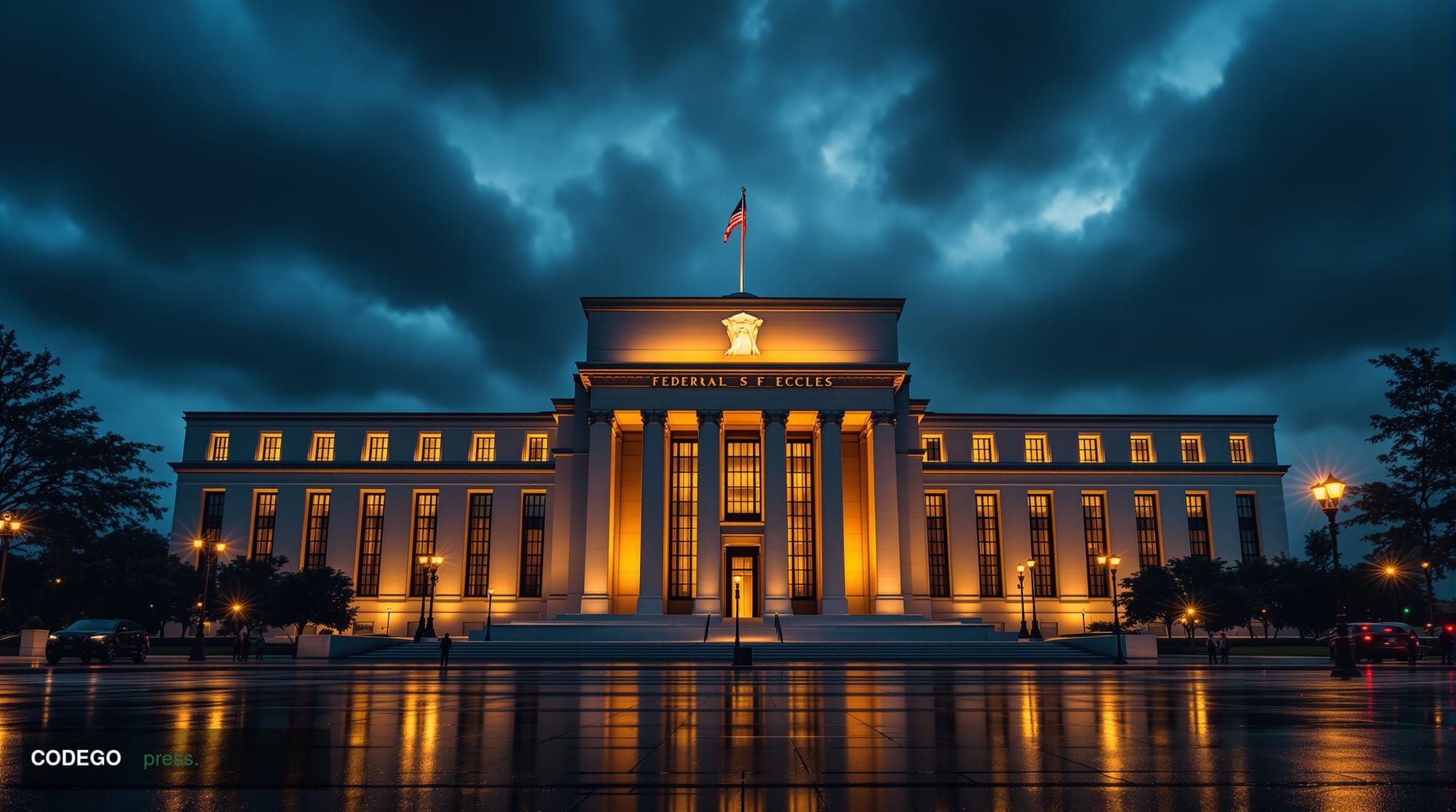 A cinematic editorial photograph of the Federal Reserve headquarters in Washington DC during a stormy evening, with dramatic 
