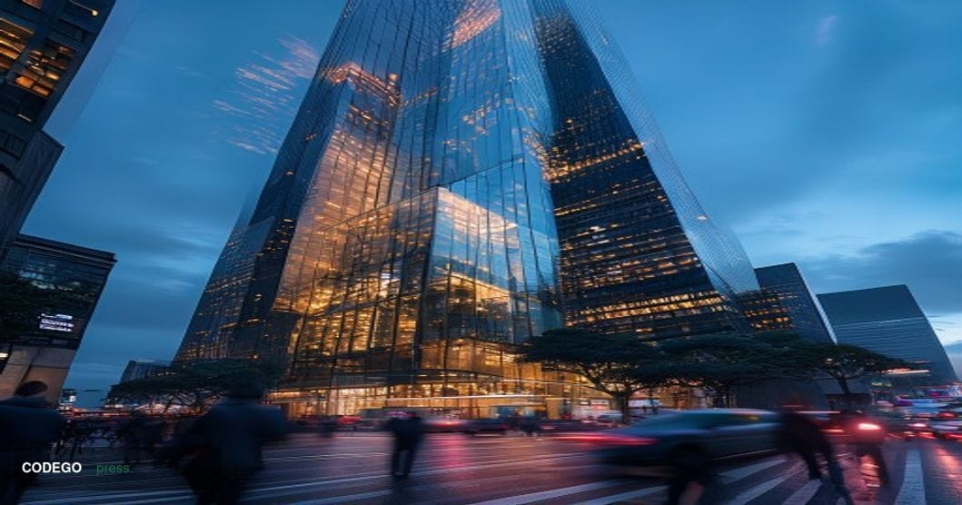 A cinematic editorial photograph of Wells Fargo's corporate headquarters in San Francisco, shot from a low angle to emphasize