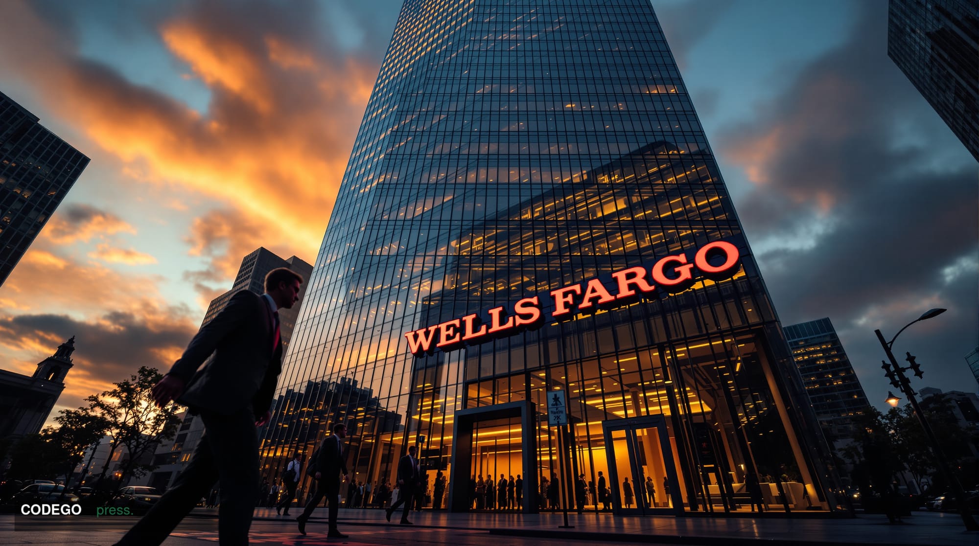 A dramatic photorealistic editorial photograph of Wells Fargo's corporate headquarters in San Francisco, shot from a low angl