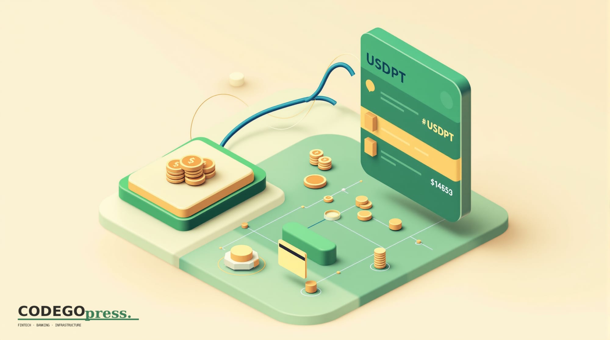 flat 3D isometric vector editorial illustration, banking-green primary (#1A6B43), cream background, gold and navy accents, so