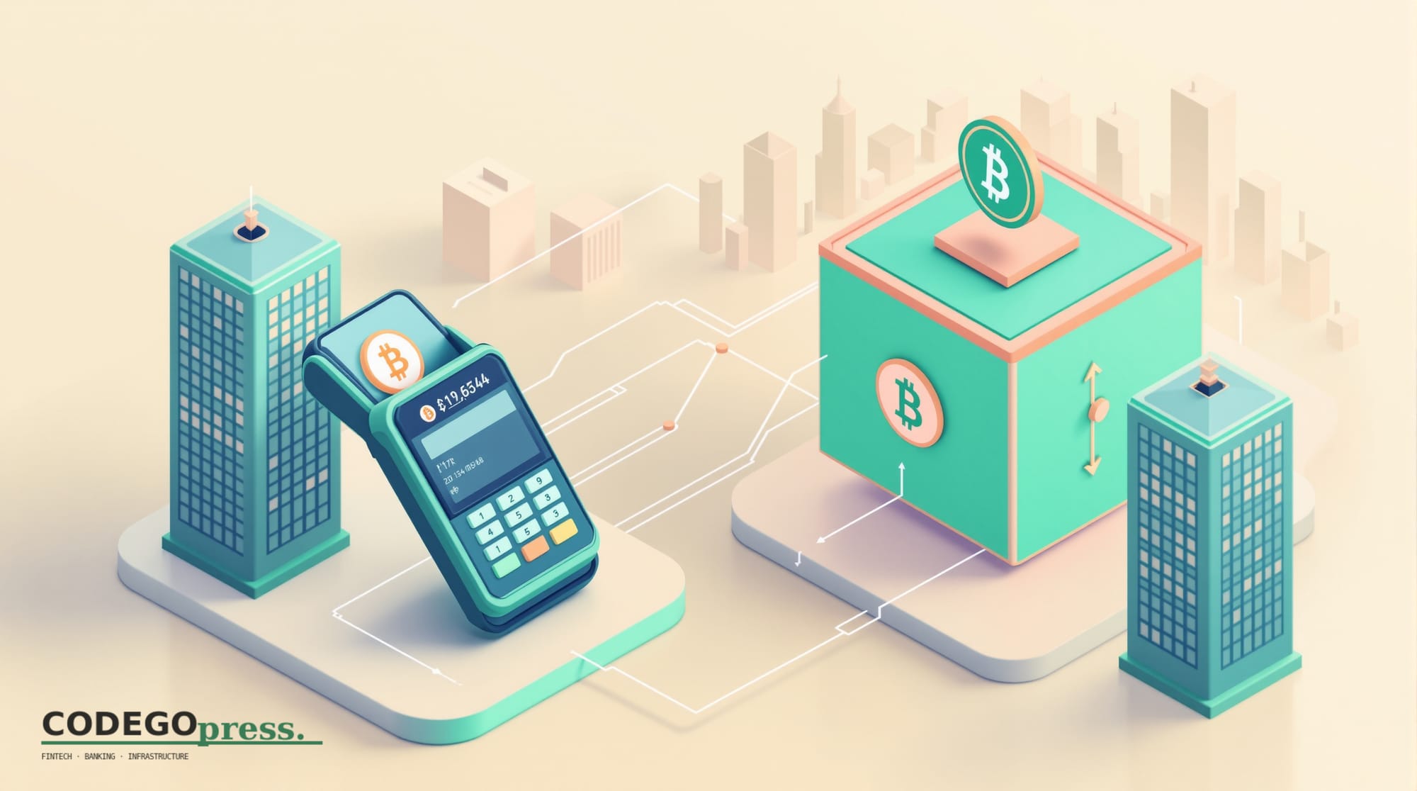 Flat 3D isometric vector editorial illustration in banking-green (#1A6B43) primary with cream background, gold and navy accen