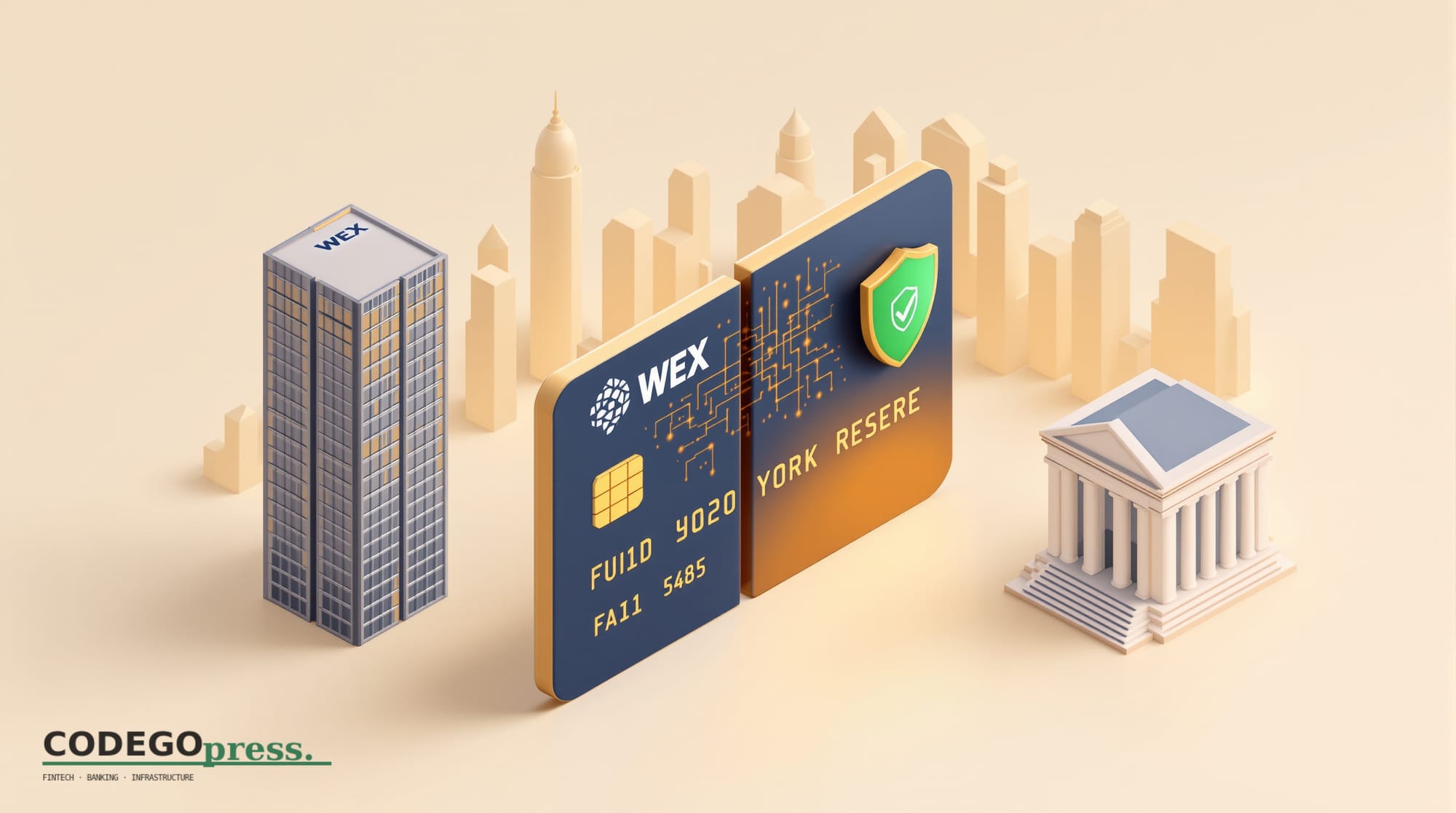 Large payment card with navy and gold accent colours in centre, splitting into a digital fraud-detection algorithm mesh on th