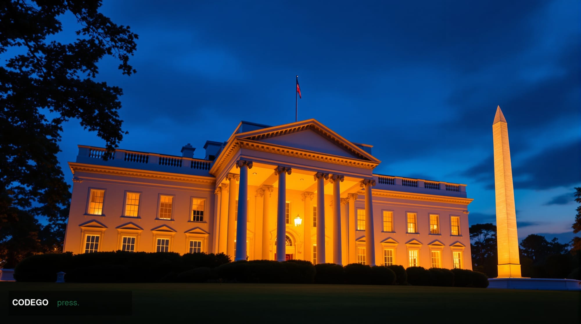 A photorealistic editorial photograph of the White House South Lawn facade during golden hour, with dramatic chiaroscuro ligh