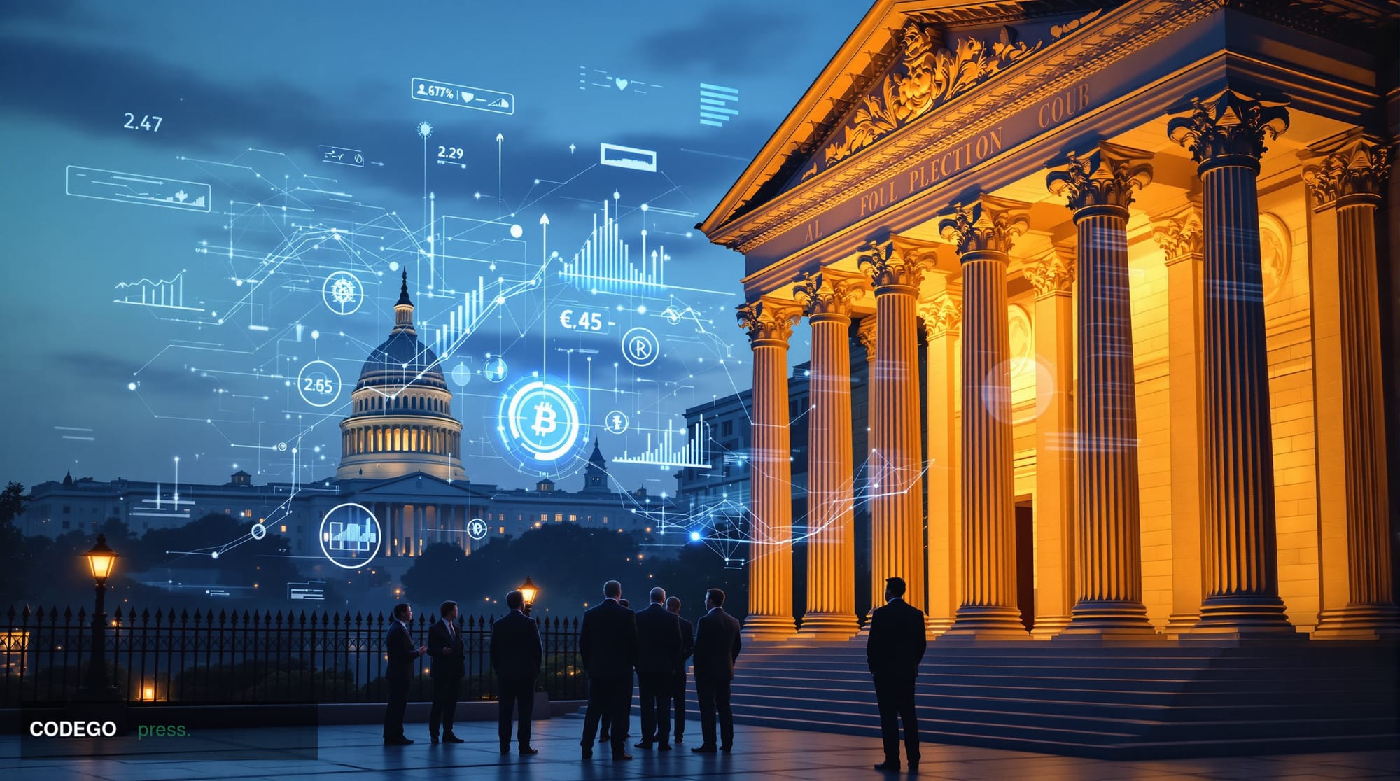 A photorealistic editorial photograph capturing the intersection of traditional government oversight and digital prediction m