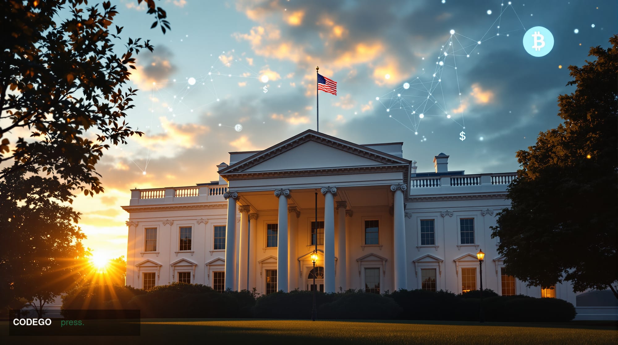 A cinematic editorial photograph showcasing the White House's iconic North Portico facade during golden hour, with dramatic c