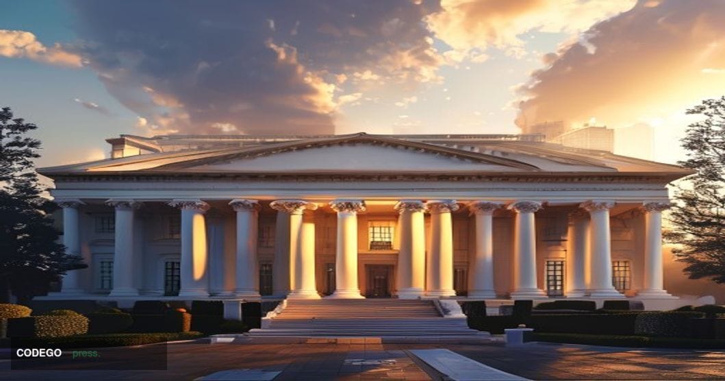 A photorealistic editorial photograph capturing the gravity of US-China trade diplomacy through architectural symbolism. The 