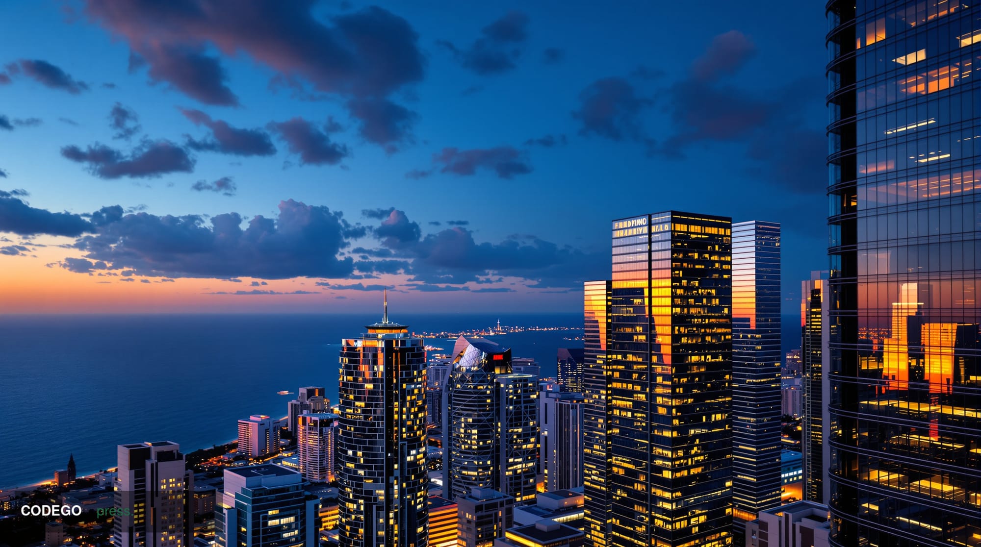 A cinematic editorial photograph of Miami's modern financial district skyline at golden hour, with sleek glass towers reflect
