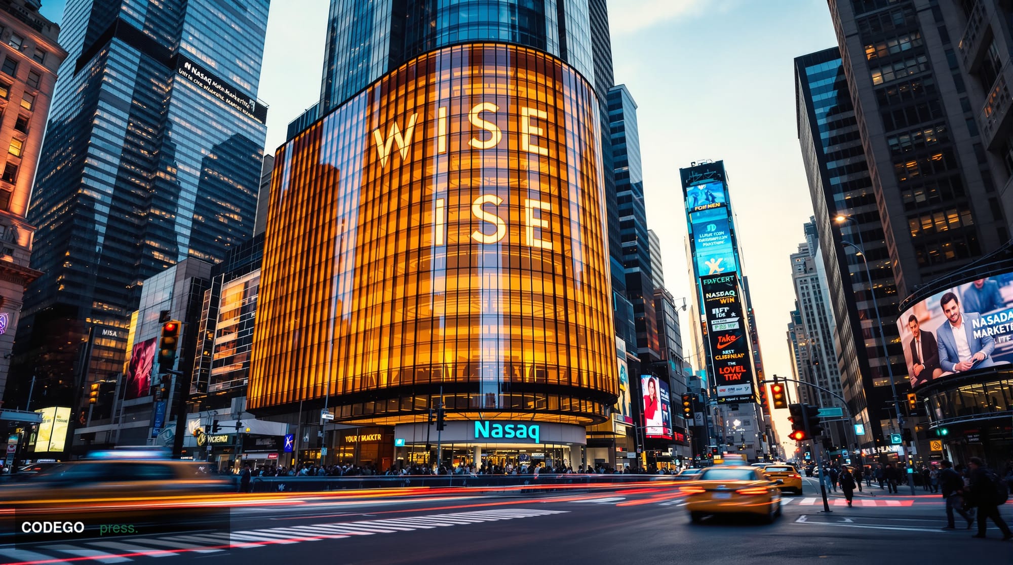 A dramatic wide-angle shot of the iconic Nasdaq MarketSite building in Times Square, New York, captured during the golden hou