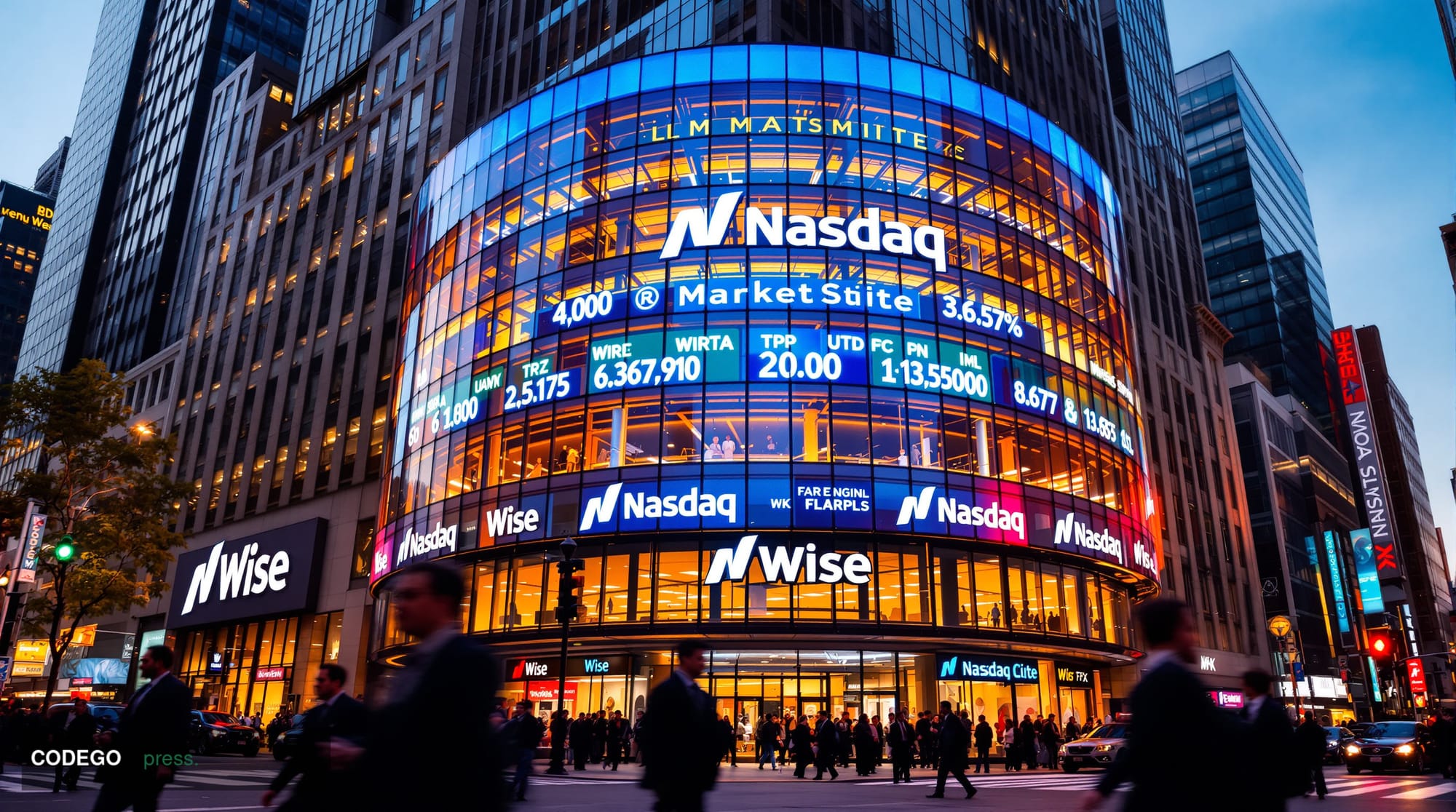 A photorealistic editorial photograph showing the iconic Nasdaq MarketSite building in Times Square, New York, with its curve
