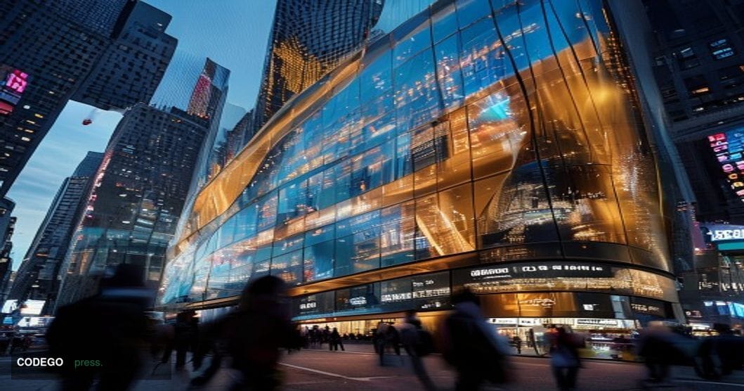 Photorealistic editorial photograph capturing Wise's transatlantic financial strategy through the iconic Nasdaq MarketSite bu