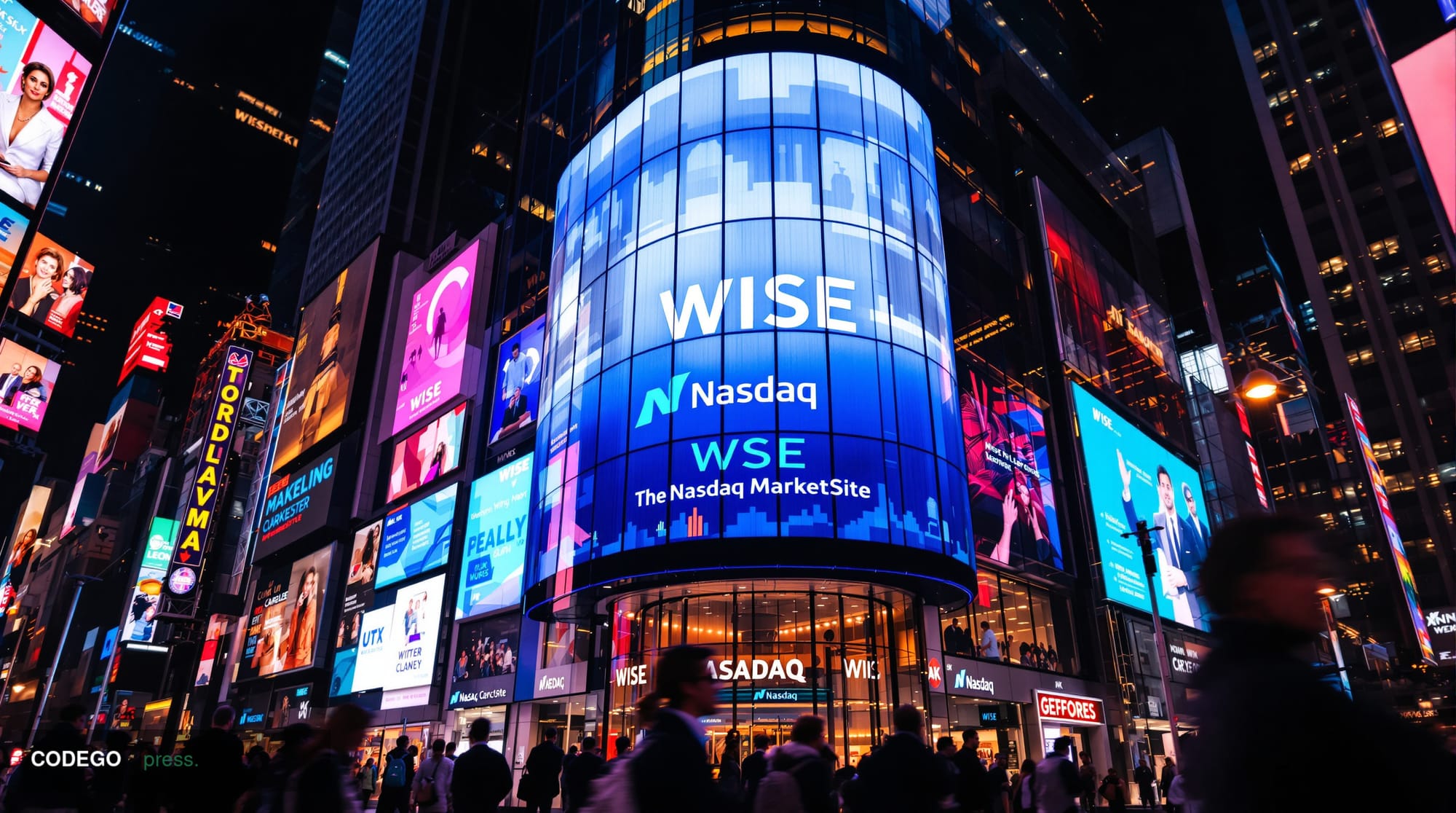 A cinematic editorial photograph capturing the iconic Nasdaq MarketSite in Times Square, New York City, with its distinctive 