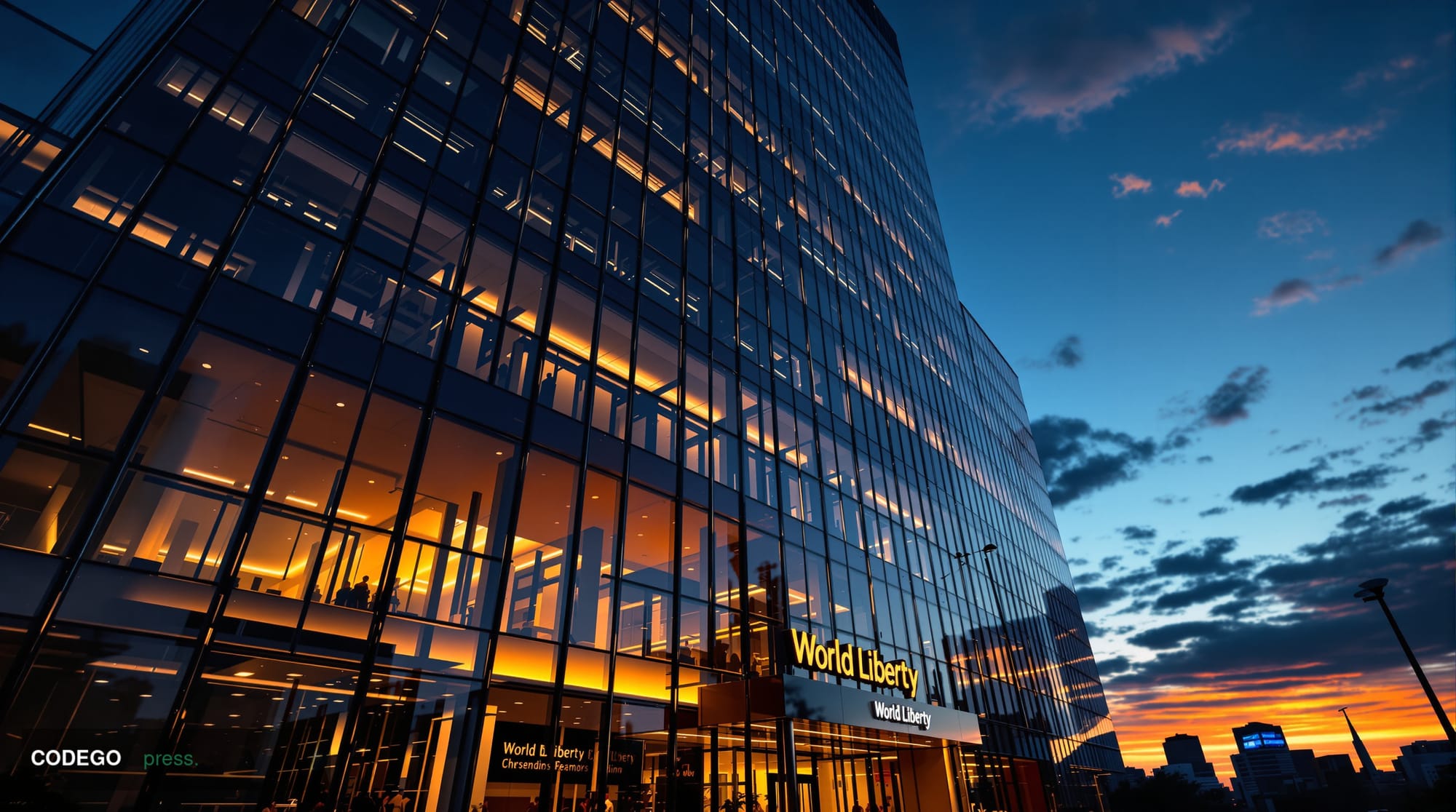 A photorealistic editorial photograph of World Liberty Financial's corporate headquarters or office building exterior, shot d