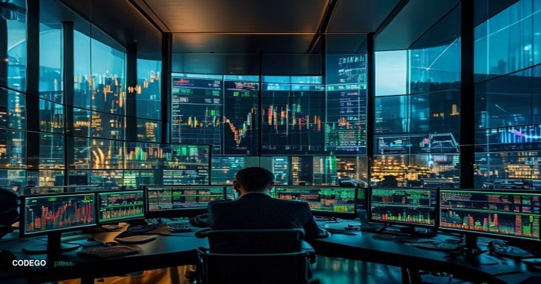 A photorealistic editorial photograph showcasing XRP's market dynamics through a sophisticated financial trading environment.