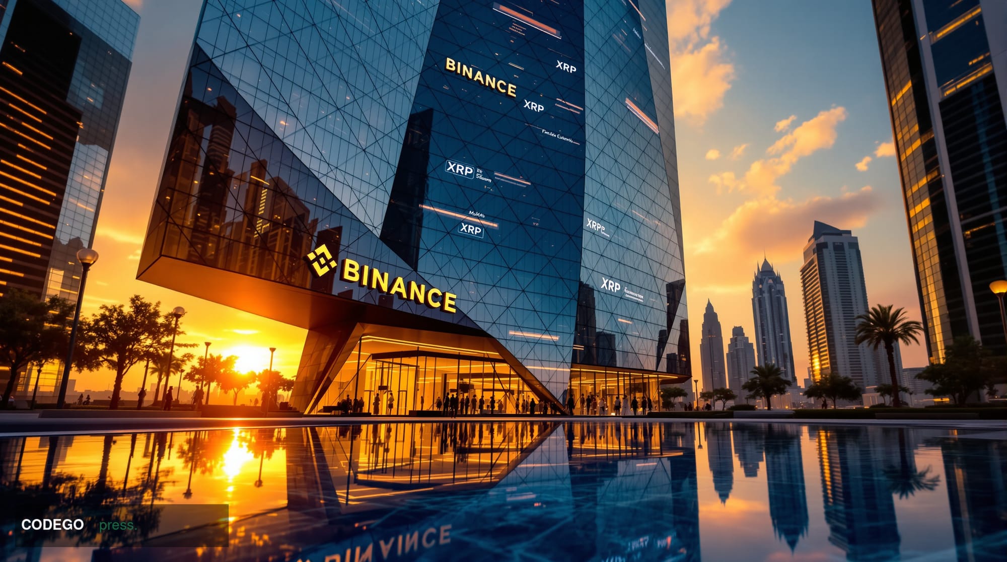 A cinematic editorial photograph showing the distinctive angular glass facades of Binance's modern corporate headquarters in 