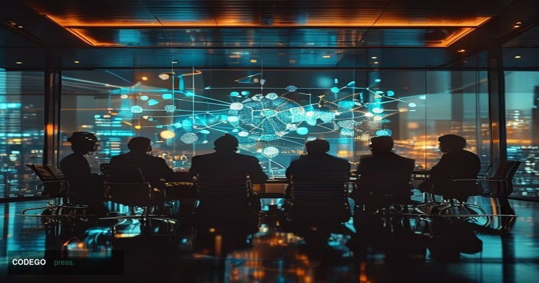 A dramatic corporate boardroom scene with XRP Ledger's distinctive hexagonal logo prominently displayed on a large wall-mount