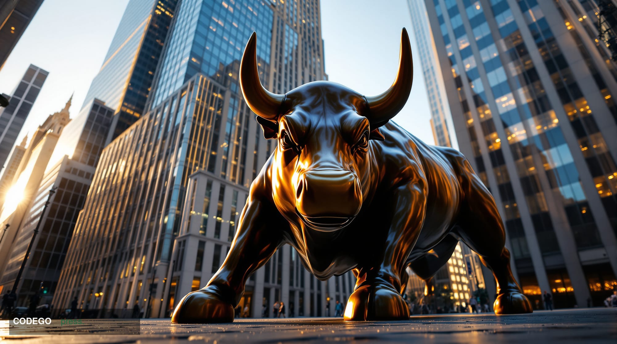 A cinematic editorial photograph showing the iconic bronze Charging Bull statue on Wall Street in lower Manhattan, captured f