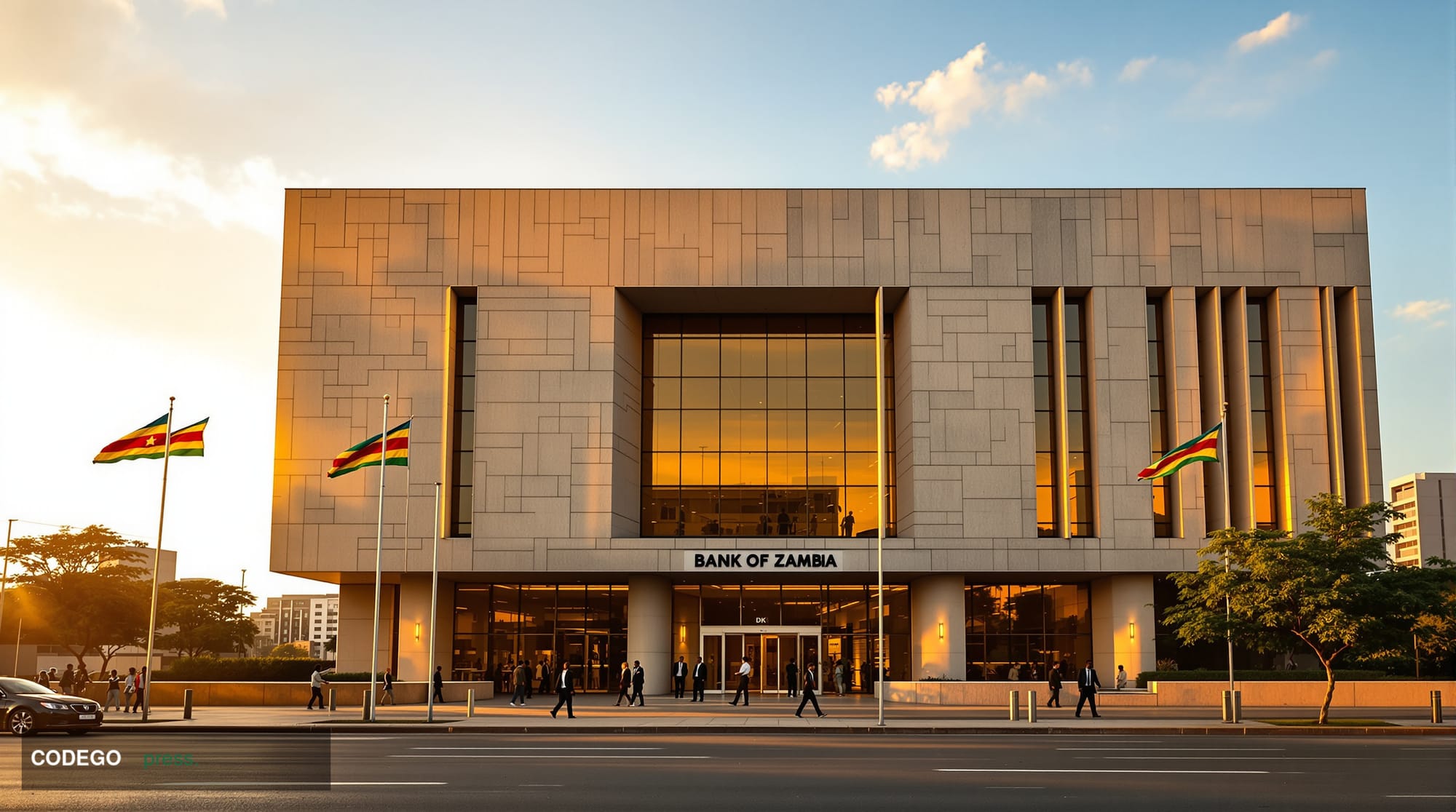 A photorealistic editorial photograph capturing the Bank of Zambia's distinctive modernist headquarters building in Lusaka's 
