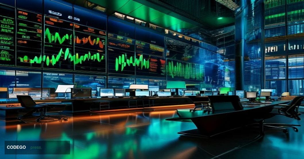 A photorealistic editorial news photograph capturing the Zcash cryptocurrency surge through a dramatic financial trading floo