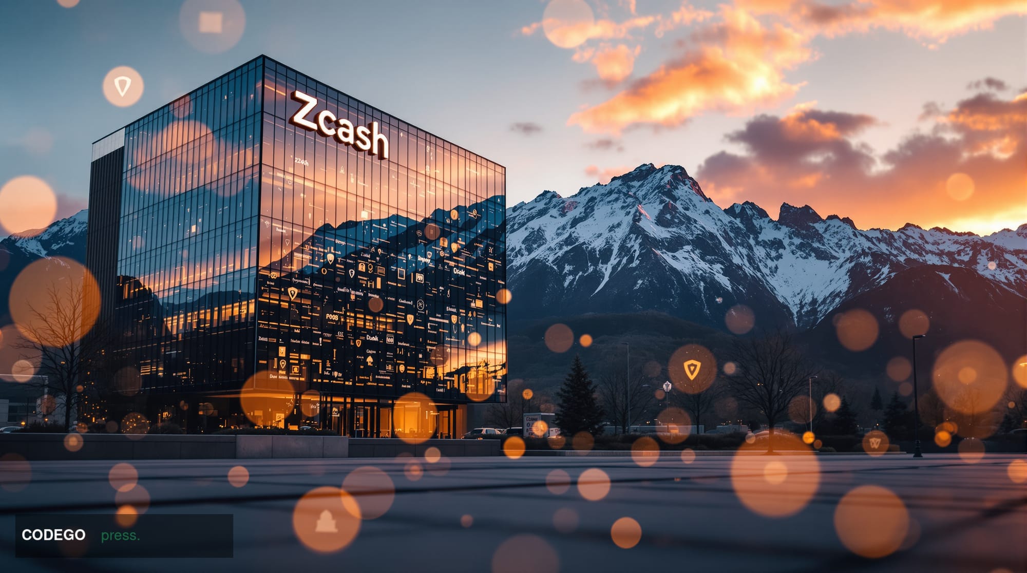 A cinematic editorial photograph of the Zcash headquarters building in Denver, Colorado, captured during the golden hour with
