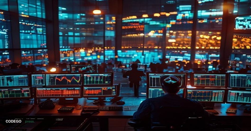 A dramatic photorealistic editorial photograph showing a massive cryptocurrency trading floor during intense market volatilit