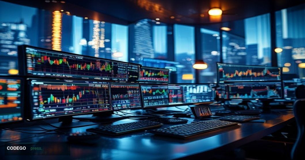 A photorealistic editorial photograph showing the iconic Polymarket platform interface displayed on multiple trading screens 