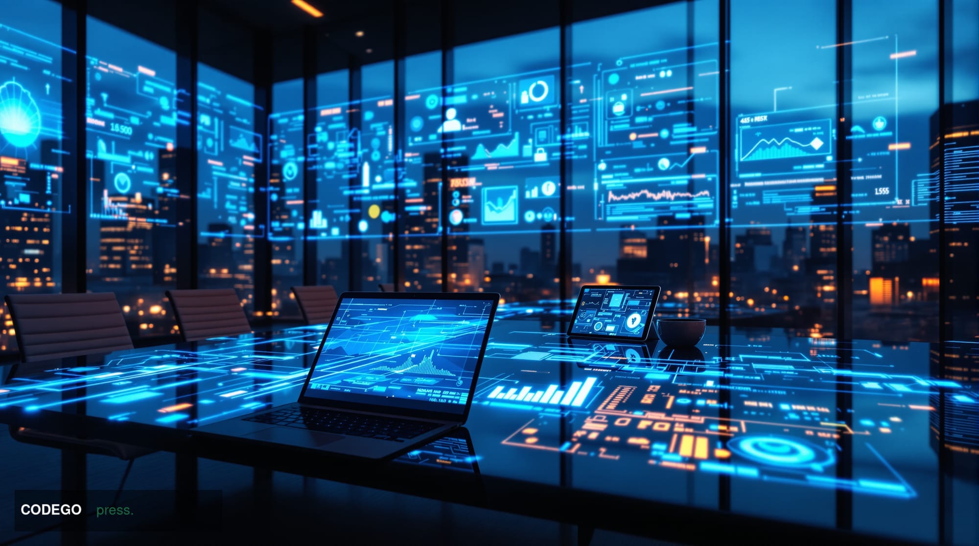 A cinematic editorial photograph showing a modern glass-walled conference room or boardroom with sophisticated security monit