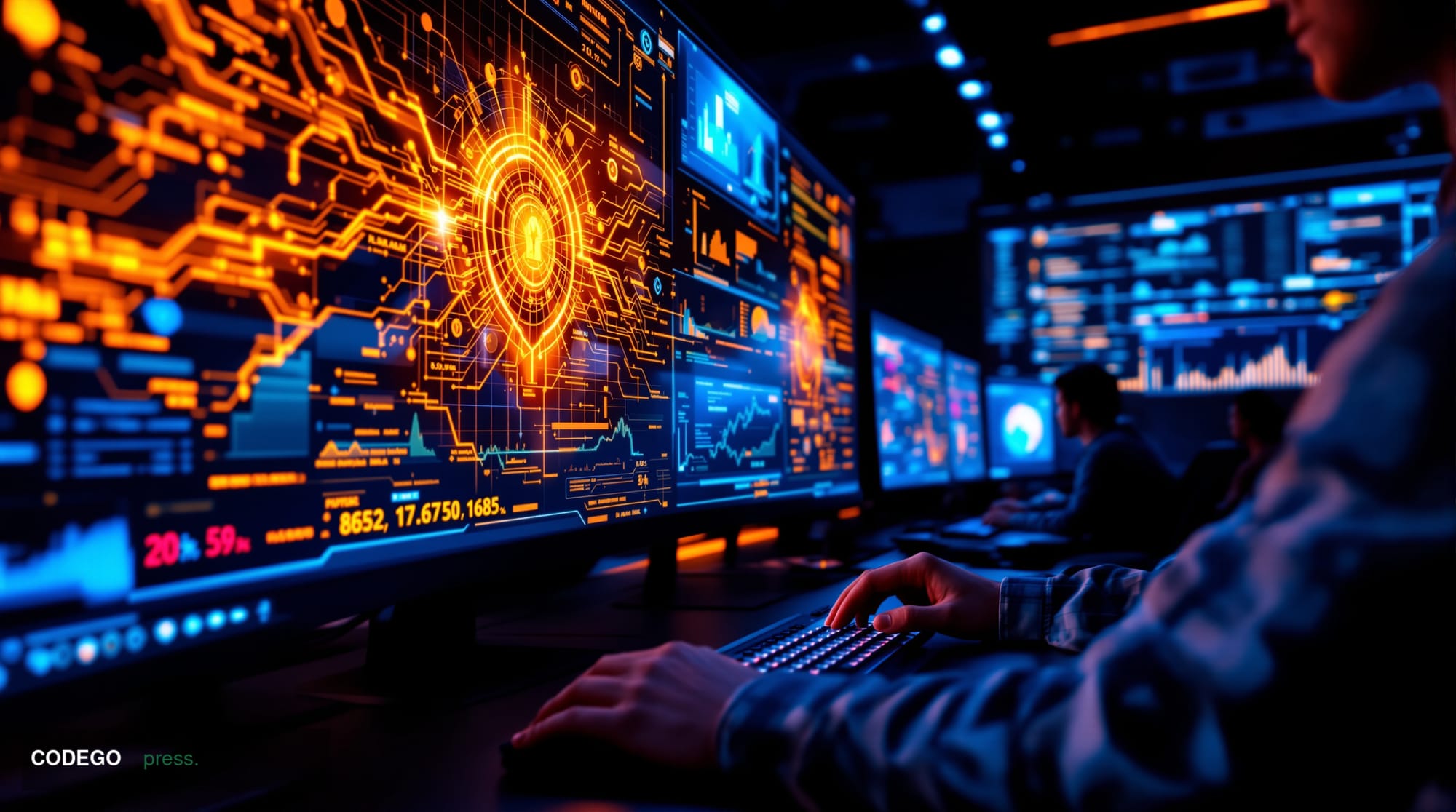 A cinematic editorial photograph showing a modern cybersecurity operations center with multiple analysts at workstations disp