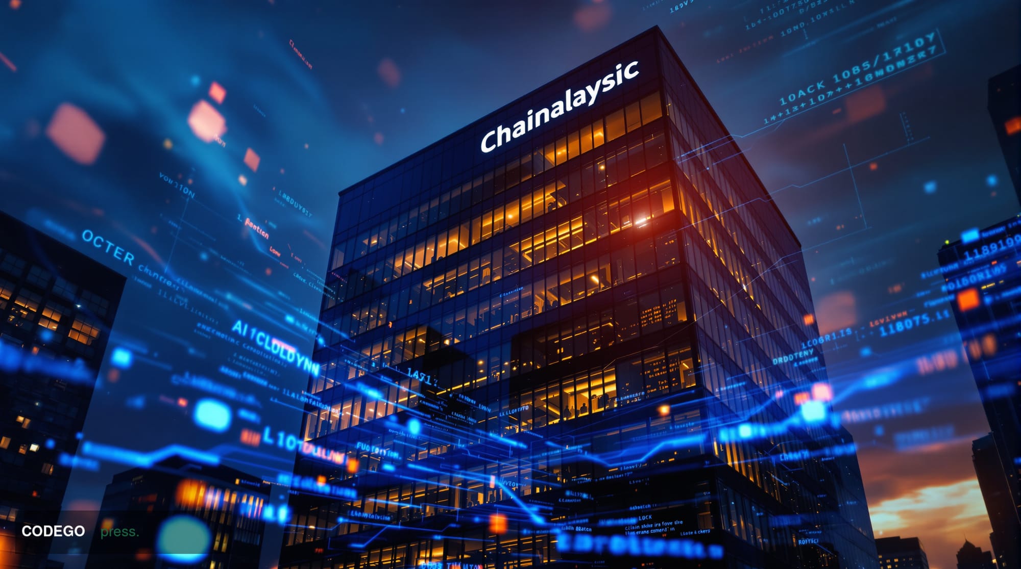 A cinematic editorial photograph showing the Chainalysis headquarters building in New York City, with dramatic chiaroscuro li