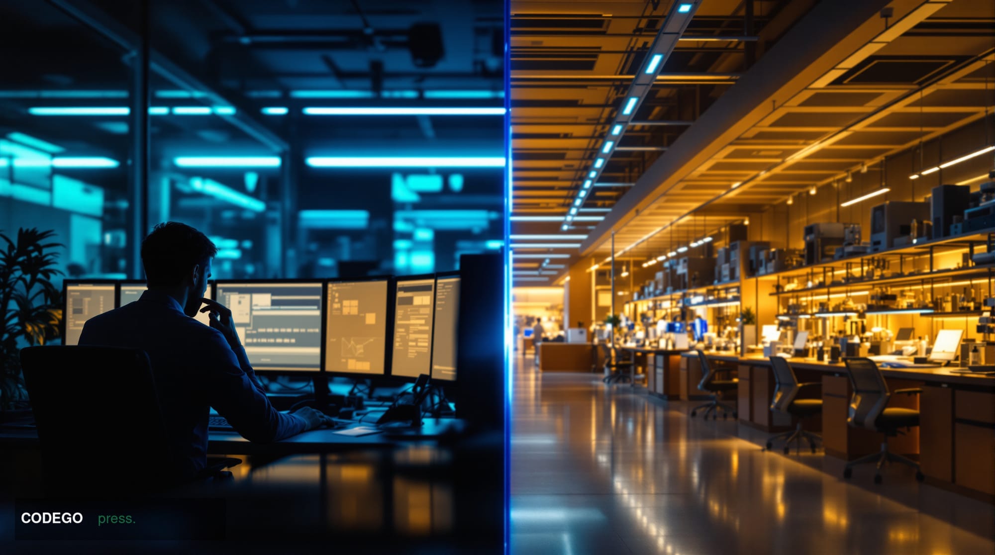 A cinematic split-screen editorial photograph showing the AI paradox in American society. The left half depicts a worried off