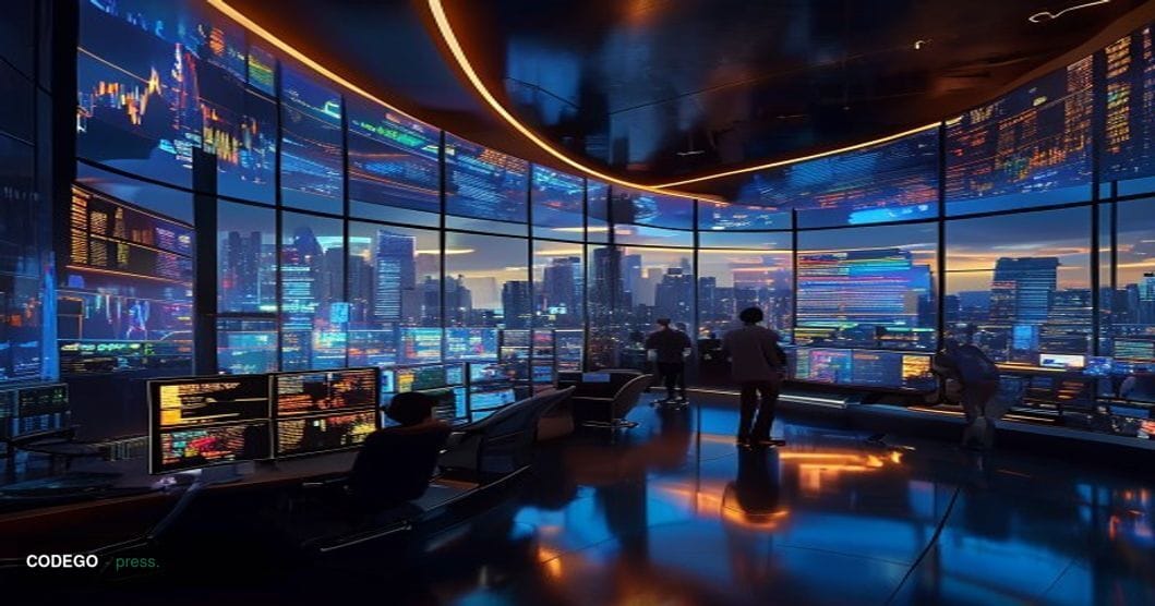 A dramatic overhead view of a sleek modern trading floor with curved glass walls overlooking a city skyline at dusk, featurin