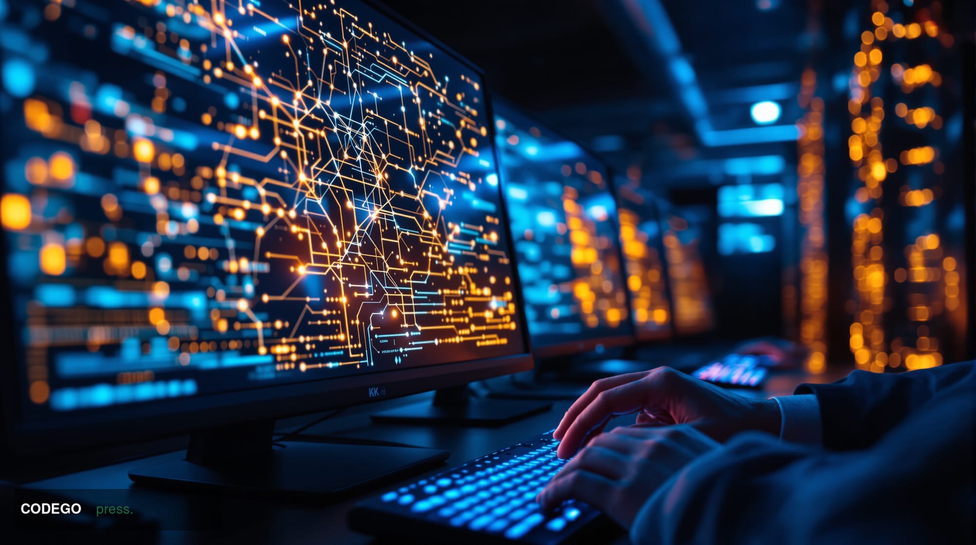 A photorealistic cybersecurity research laboratory scene with dramatic chiaroscuro lighting, featuring multiple computer moni