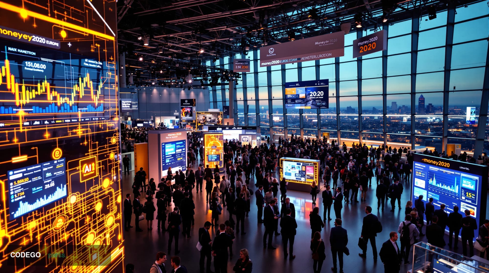 A cinematic editorial photograph capturing the Money20/20 Europe 2026 conference environment in Amsterdam, showing the modern