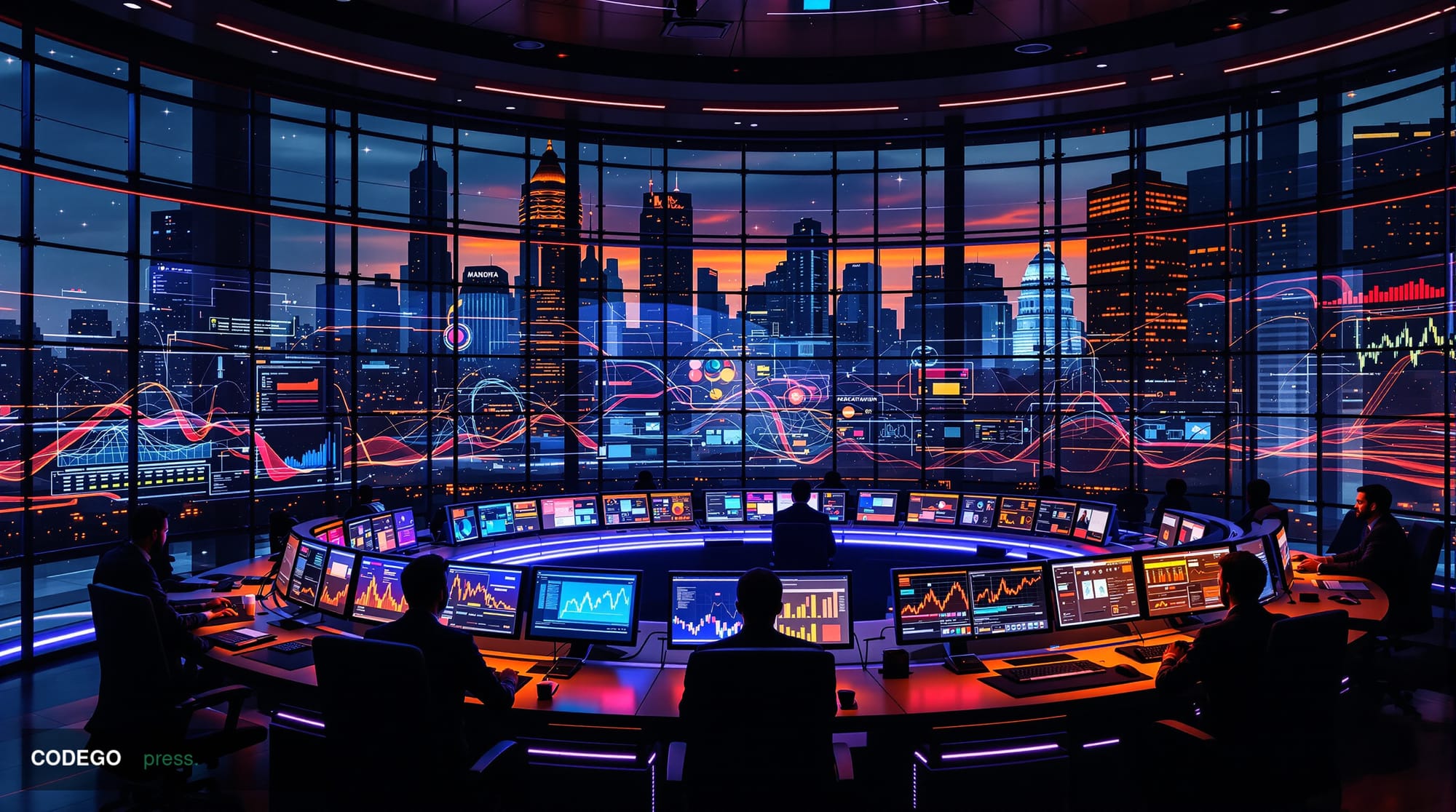 A sophisticated banking compliance control room featuring multiple curved monitors displaying AI-powered regulatory dashboard