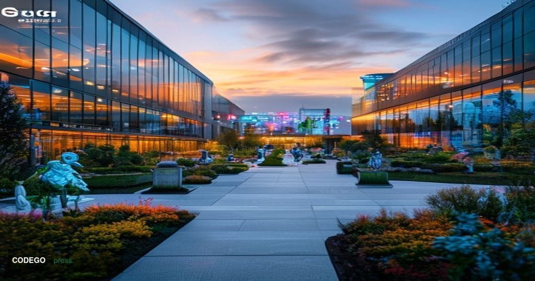 A cinematic editorial photograph of Google's Mountain View headquarters complex at golden hour, showing the distinctive color