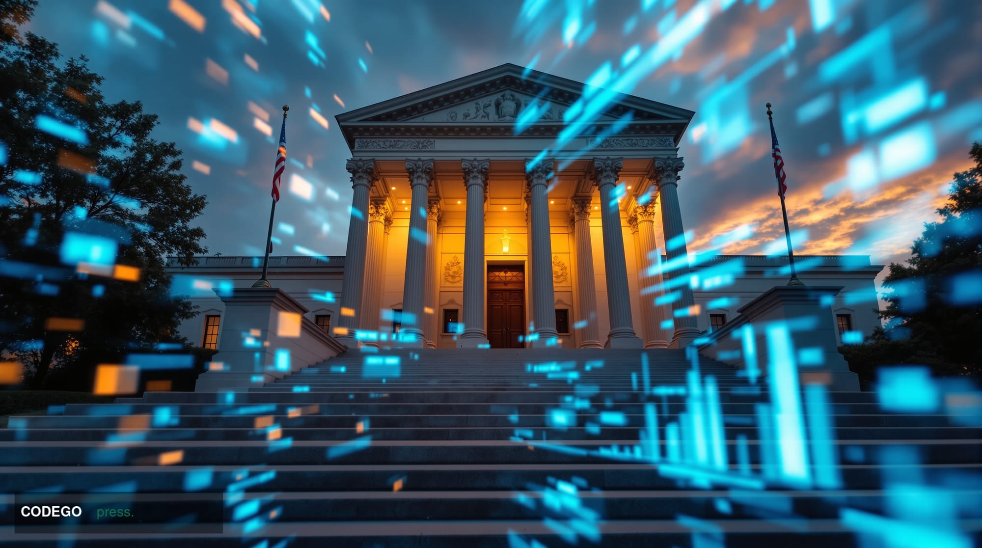 A cinematic editorial photograph capturing the intersection of financial crime and regulatory enforcement. The scene shows a 