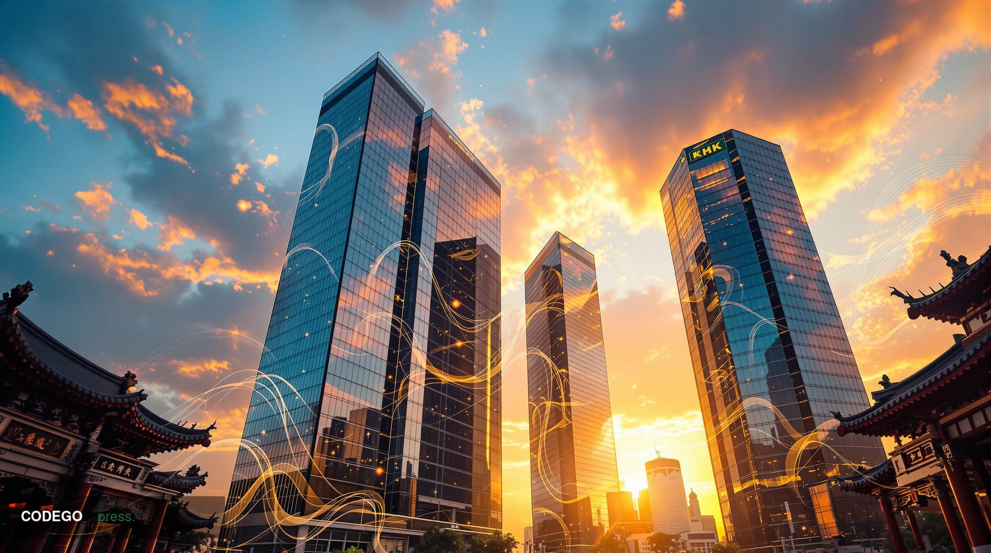 A cinematic editorial photograph showcasing Ant Group's Hangzhou headquarters complex at golden hour, with the distinctive mo