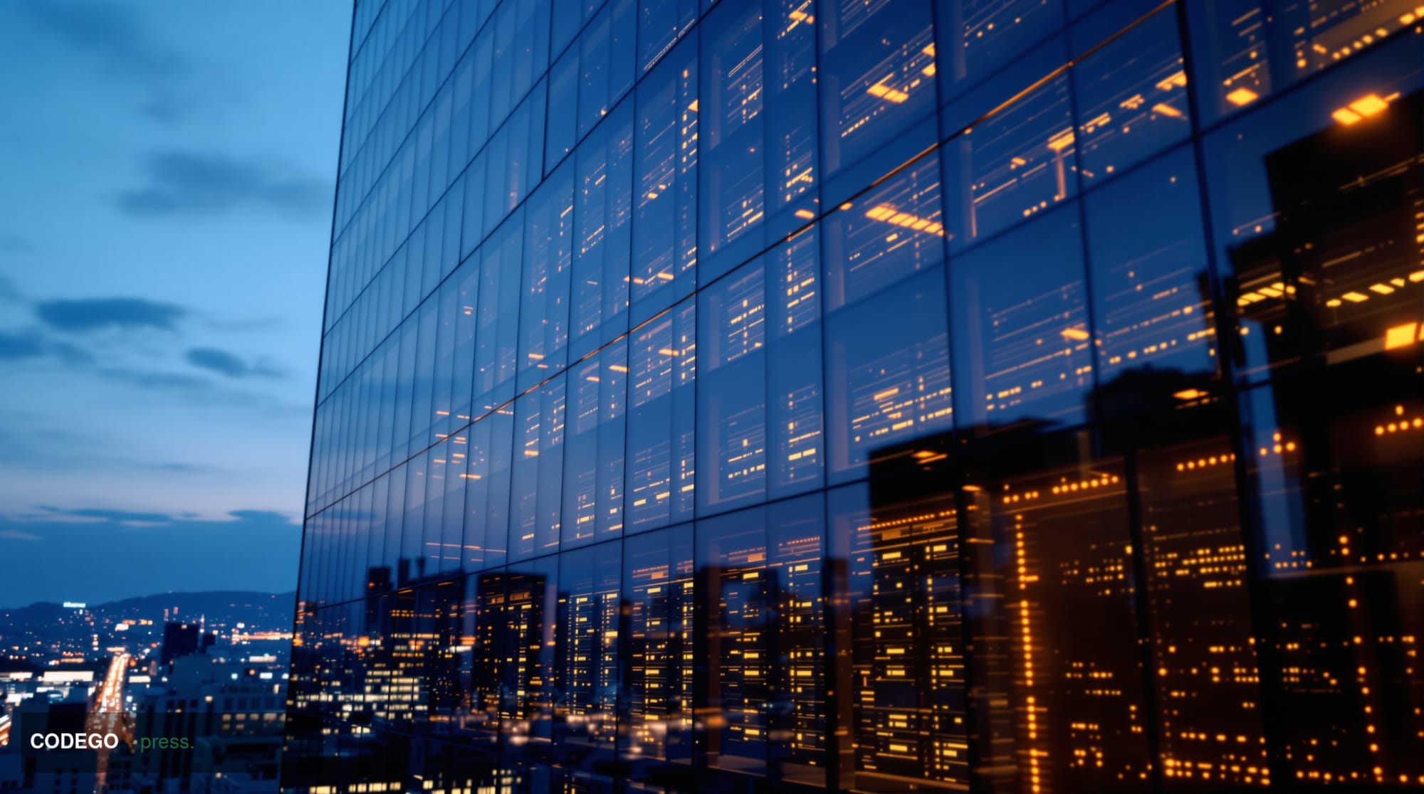 A dramatic cinematic photograph of Anthropic's San Francisco headquarters at twilight, with the company's sleek modern glass 