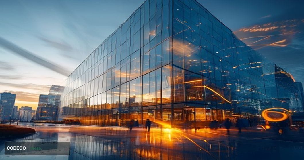 A dramatic photorealistic editorial photograph showcasing the Anthropic corporate headquarters in San Francisco's SOMA distri