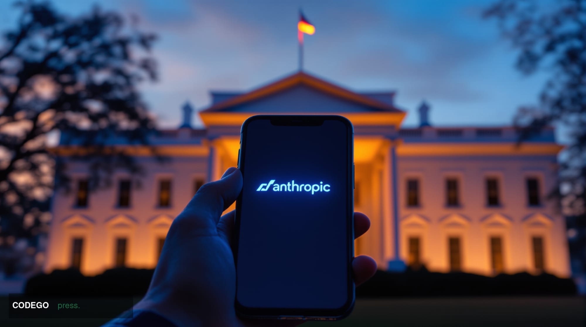 A dramatic editorial photograph of the White House's West Wing at dusk, with warm golden hour lighting casting long shadows a