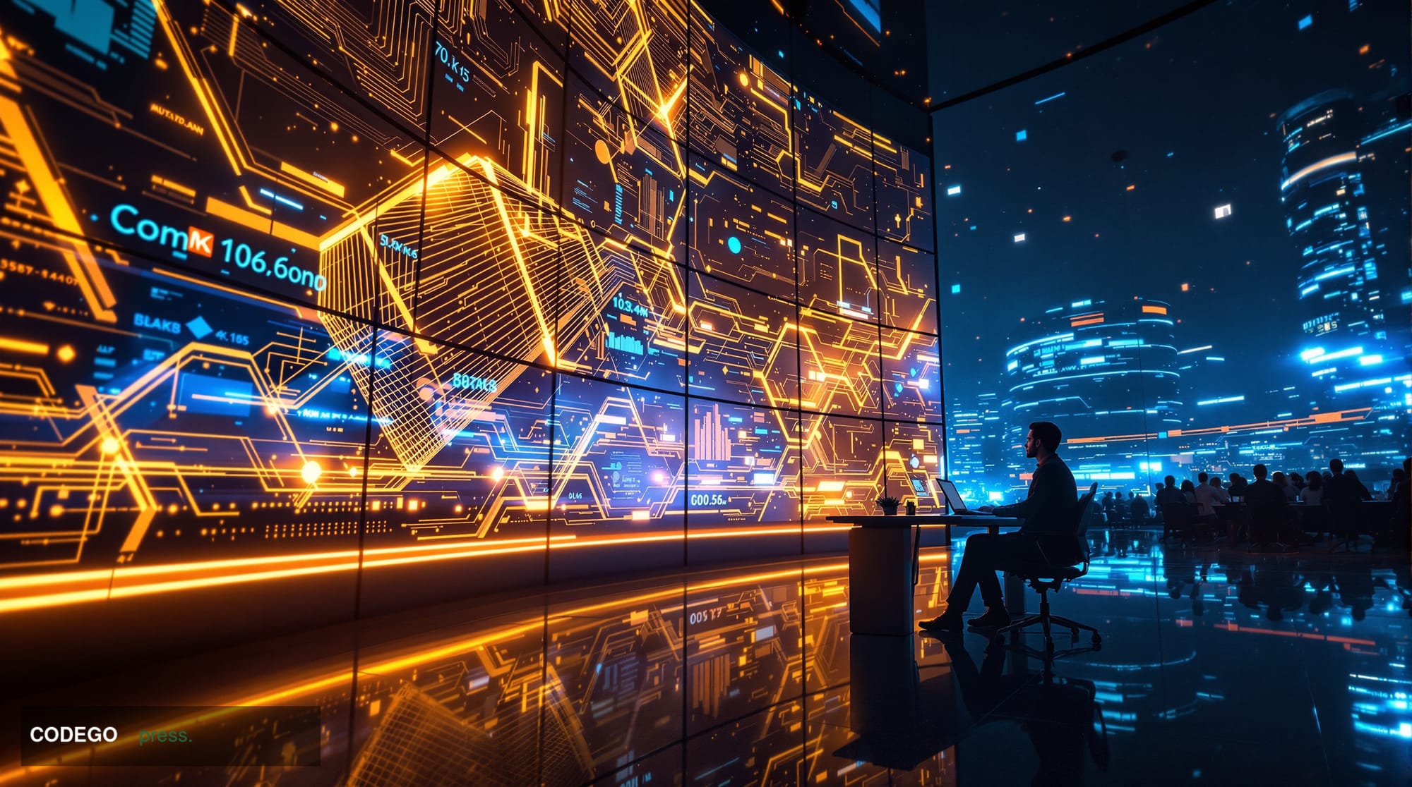 A dramatic cinematic photograph showing a high-tech command center overlooking the neon-lit skyline of Singapore's financial 