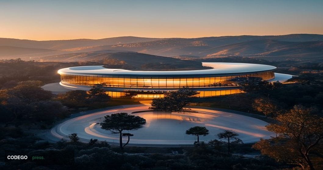 A cinematic editorial photograph of Apple Park's iconic circular headquarters in Cupertino, California, captured during golde